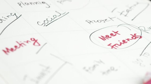Close-up on a planner page with handwritten notes like meet friends, reading, and social activities