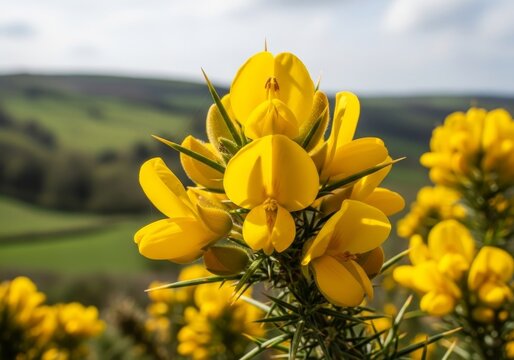 Vibrant Yellow Gorse Flowers in Full Bloom Against a Hazy Landscape.