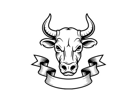 Powerful bull head with horns and an empty ribbon banner for text vector illustration