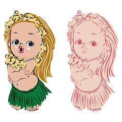 Cute vintage Hawaiian hula girl set, comical aloha character clipart in full color and line art, PNG graphic on transparent background © DAX