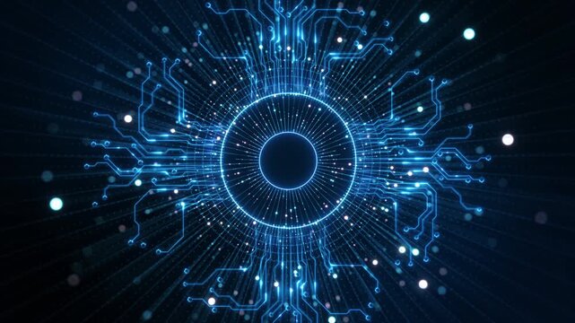 Glowing circular hub links circuit radial lines particle background. logo placement, technology presentations, electronic network explainers, science fiction titles, futuristic brand introductions.