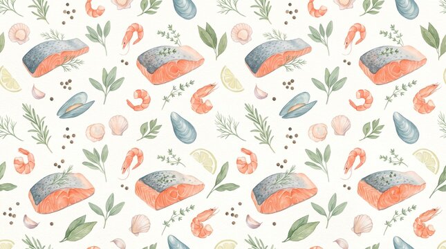 Salmon fillet and fresh seafood form a seamless watercolor pattern on a plain transparent backdrop.