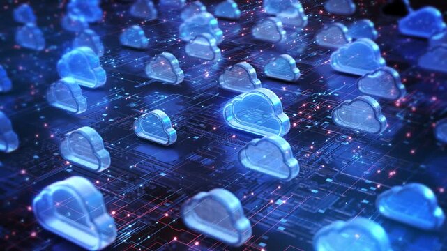 Repeated cloud illuminated circuit paths connected digital infrastructure . enterprise cloud presentations, migration explainers, distributed computing service architecture visuals, 19 promos.