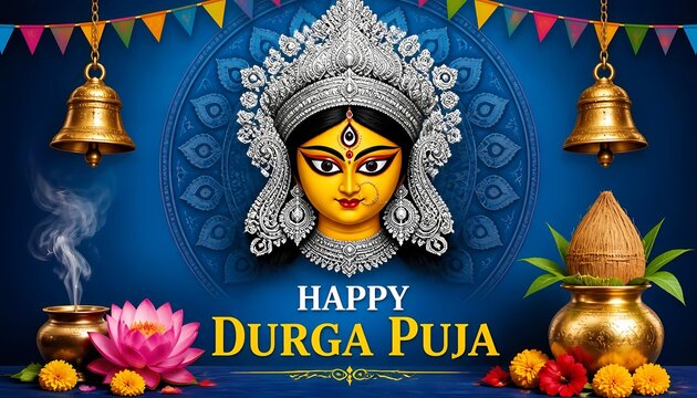 Happy Durga Puja Festive Greeting Banner with Goddess Durga Face Illustration.