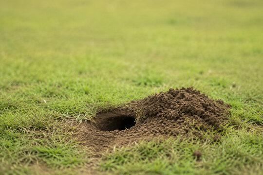 Animal burrow entrance in grassy meadow, nature and wildlife habitat concept