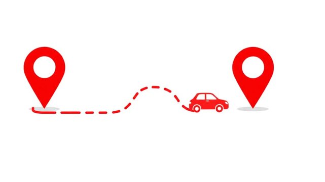 Red car driving on dotted route between gps map pins animation