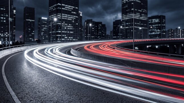 Long exposure curved city highway at night with glowing red and white car light trails surrounded by modern skyscrapers
