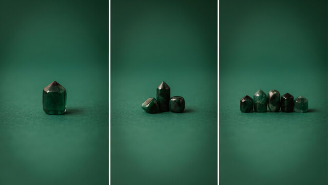 Small polished green gemstones arranged in groups on a solid dark green studio background