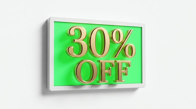 30 percent off gold 3D text on green background. Luxury retail sale sign for promotional marketing and seasonal discount offers.