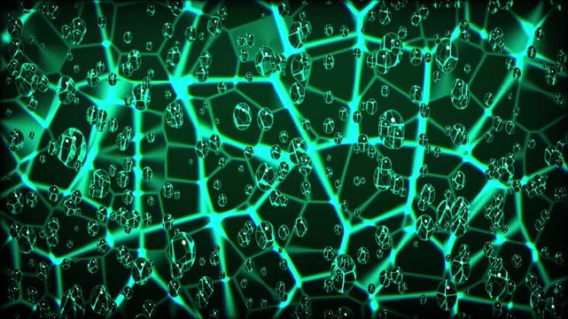 Abstract water drop animation over neon green caustics grid background loop