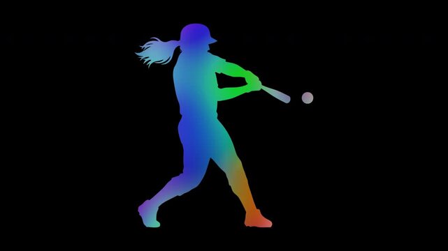 Colorful abstract patterns of baseball batting by a female athlete, alpha channel, looping