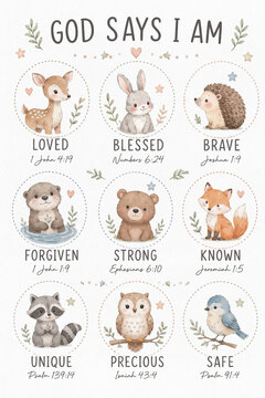 God Says I Am Christian nursery wall art print. Watercolor woodland animals Bible verse scripture affirmation poster for baby kids room playroom decor.