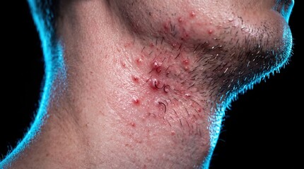 Fototapeta premium Macro Close up View of Severe Folliculitis and Shaving Bumps on Male Neck Under Neon Light