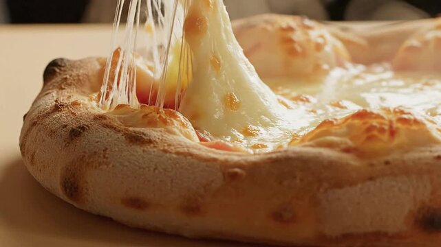 Delicious Close-Up of Cheese-Stuffed Crust Pizza Edge Showing Melted Cheese Stretching on Pale Beige Background