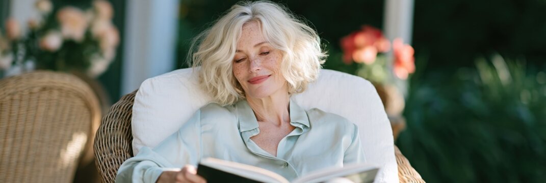 Panoramic view of a relaxed mature woman reading a book in a wicker chair with floral decor for banner and peaceful cottagecore wallpaper design