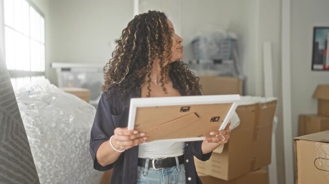 Woman holding a picture frame with visible hands in a cluttered studio filled with moving boxes, bubble wrap and packaging; moving day nostalgia.