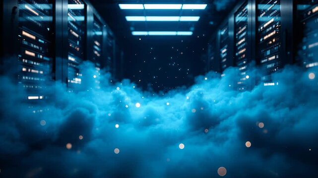 Futuristic server room with clouds and particles representing cloud computing and data storage