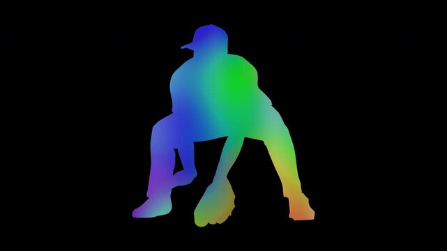 Colorful abstract patterns of baseball defensive fielding by a male athlete, alpha channel, looping
