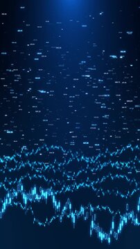Blue candlestick charts scattered decimal values financial data background, changing market conditions. trading explainers, investment education, economic reports and technical analysis presentations.