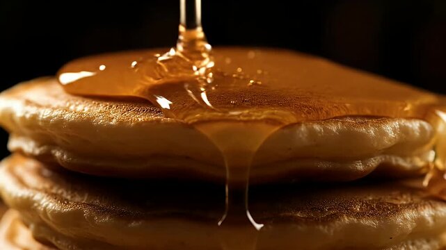 Golden Syrup Drizzled Over Fluffy Pancakes Stack With Dark Background in 4K High Definition