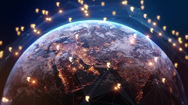 Indian rupee signs worldwide financial network digital Earth bright routes points. remittance cross border payment explainers, currency exchange reports, banking campaigns global economy presentations