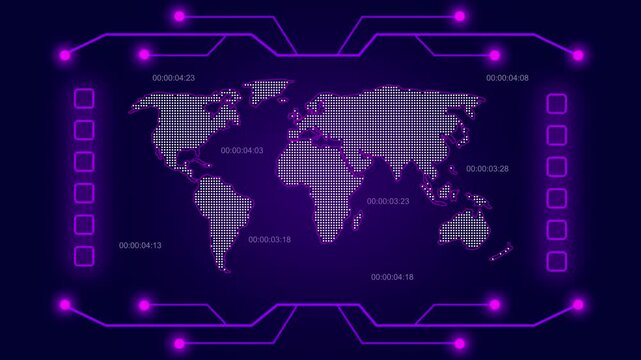 Digital world map animation overlays dynamic timers and cyber lines. Global telecommunication networks route on the world map. International tracking data spans the world map.