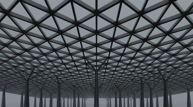 Intricate metal grid dome ceiling structure with support columns