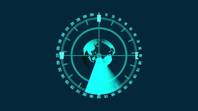 Cyan compass interface animation tracks radar sweeps over the globe. Navigational telemetry coordinates guide the compass. High tech planetary tracking runs this compass.