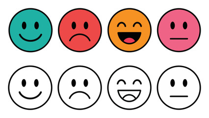 Fototapeta premium Set of colorful and outline emoji faces showing various emotions.