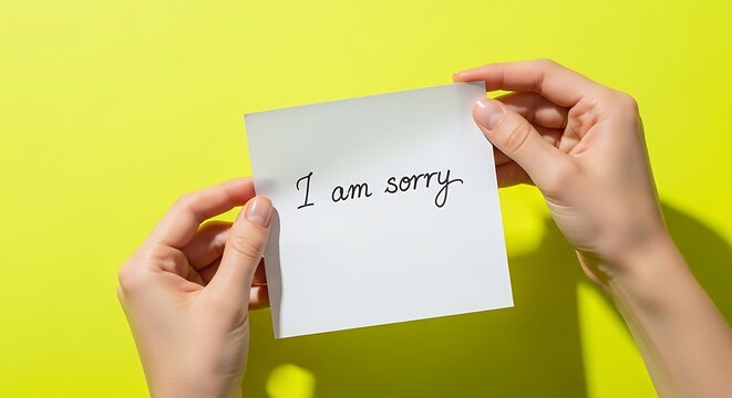 hands holding a handwritten sorry