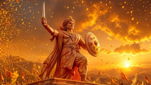 Red Orange Gold Marble Bust of Triumphant Hindu Warrior With Sword