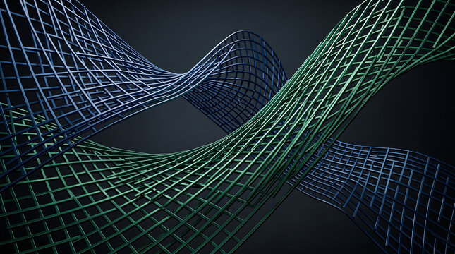 Intertwining lattice ribbons in blue and green glowing neon colors against a dark background with abstract intertwining background structure complexity futuristic connection movement dimension