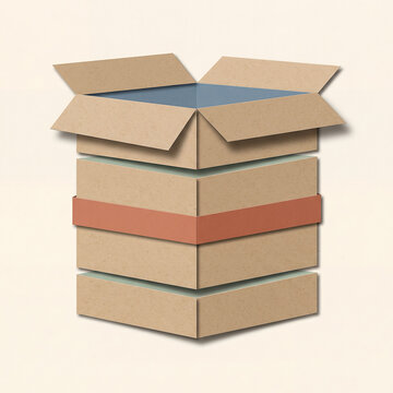 Papercraft open square cardboard box with red band for unboxing ecommerce delivery concept