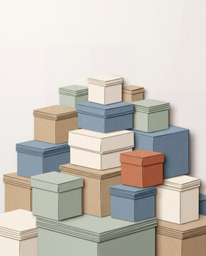 Papercraft large pile of colorful square cardboard boxes for warehouse inventory and shipping concept