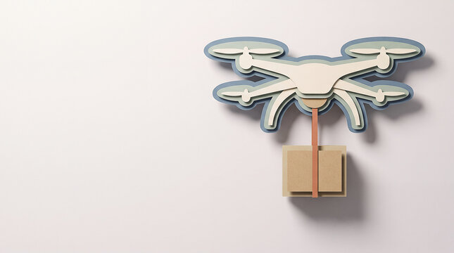 Papercraft flying drone carrying cardboard box for futuristic air delivery and logistics concept