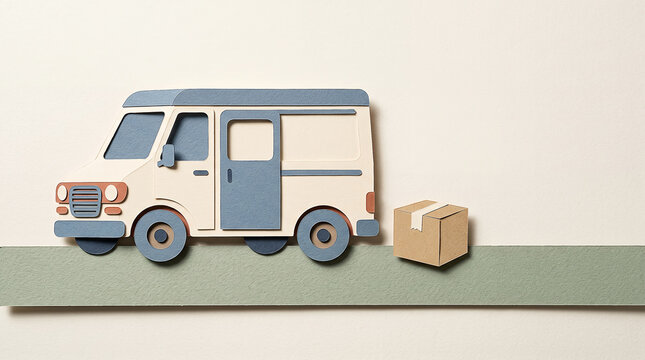 Papercraft delivery van with cardboard box on road for local logistics and courier transport concept
