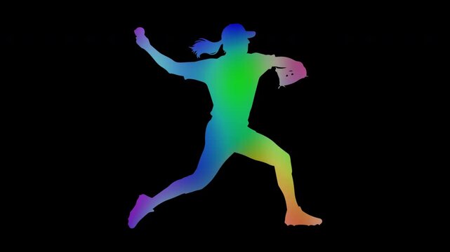 Colorful abstract patterns of baseball pitching by a female athlete, alpha channel, looping