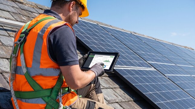 Solar technician reviewing system analytics on digital tablet