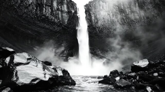 Epic Black and White Shot of a Waterfall Cascading into a Rocky River Bed Between High Canyon Walls