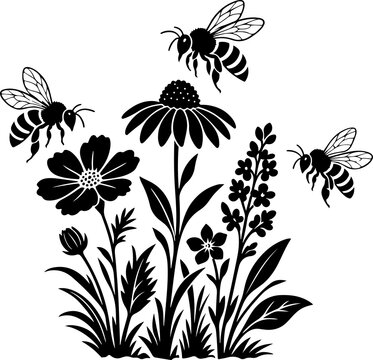 Flat Vector Silhouette of Blooming Wildflowers with Honeybees Buzzing and Pollinating Blossoms