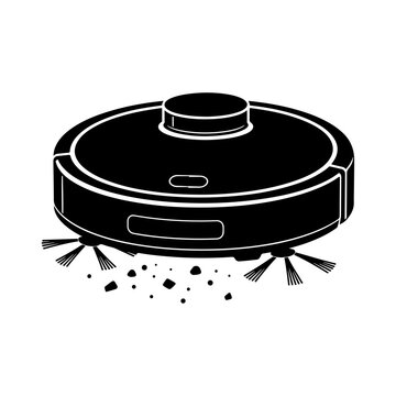 Flat Vector Silhouette of Autonomous Robotic Vacuum Cleaner Sweeping Up Dust and Debris with Side Brushes