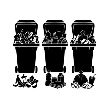 Flat Vector Silhouette of Three Wheelie Bins Categorized for Organic Compost Recyclables and General Trash