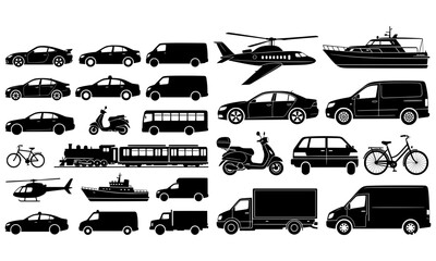 Obraz premium Transportation Silhouettes – Cars, Trucks, Buses, Trains, Planes and Boats