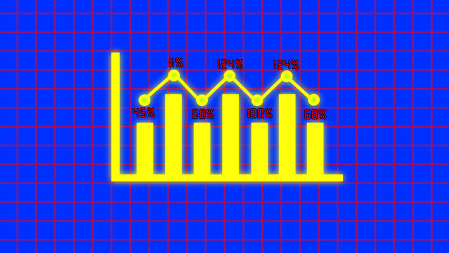 Yellow Bar Chart and Line Graph with Percentage Data on Grid Background statistics financial