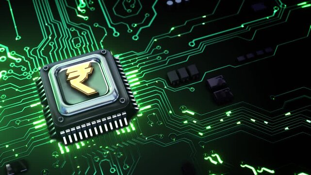 Indian rupee sign appears processor green circuit across a motherboard. central bank currency, secure payments, financial 19, electronic commerce, Indian economy, banking services, investment