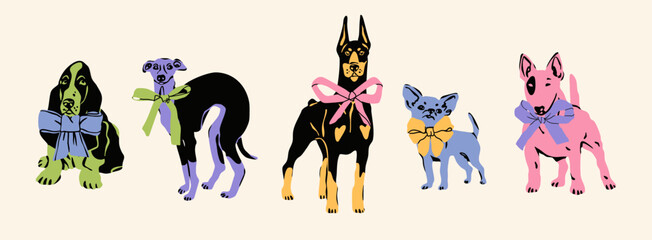 Different cute Dogs with ribbon collars. Various breeds. Funny domestic animals in various poses. Doberman, whippet, chihuahua, bull terrier, basset hound. Hand drawn trendy Vector illustration © Dariia