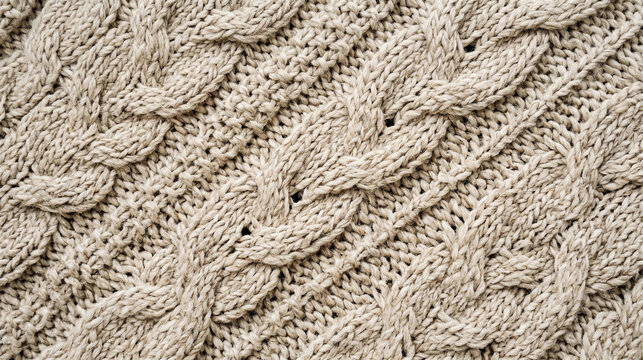 Close up of beige cable knit sweater fabric texture background