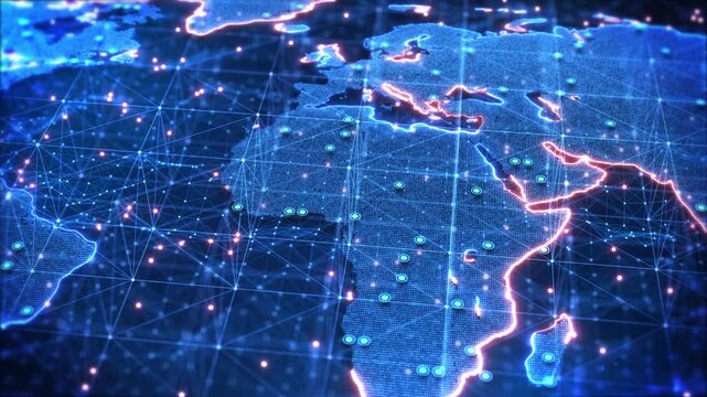Glowing continents connect mesh of points routes, worldwide data exchange. globalization, cloud service, wireless communication, trade, transportation, remote collaboration, analytics, technology.