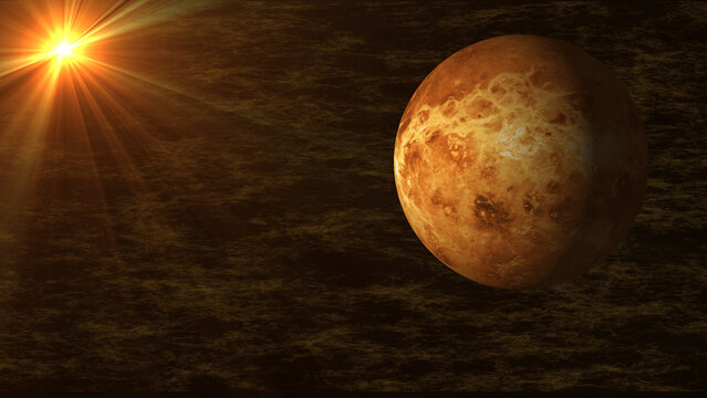 Textured Planet Venus Lit by a Bright Sun with Lens Flare star light