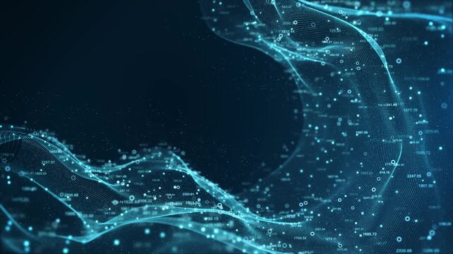 A field of blue dots and numeric forms wave space. big data, machine learning, financial analysis, cloud computing, scientific visualization, corporate media, innovation, and digital displays.
